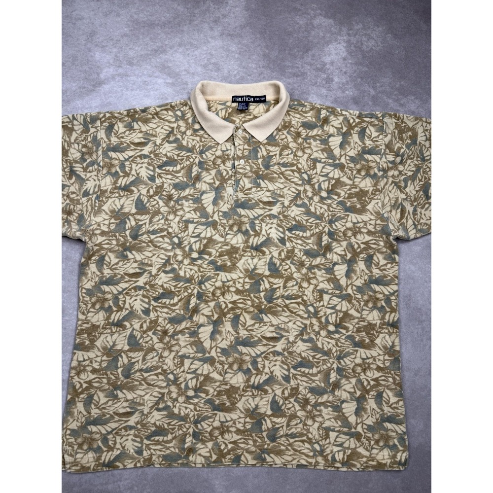 Vintage Nautica Polo Shirt Mens 2XL‎ Beige Blue Leaf Floral Pattern Made USA 90s